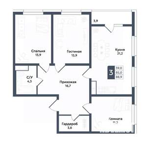 3-к квартира, вторичка, 89м2, 17/22 этаж
