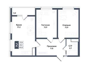 2-к квартира, вторичка, 69м2, 7/22 этаж